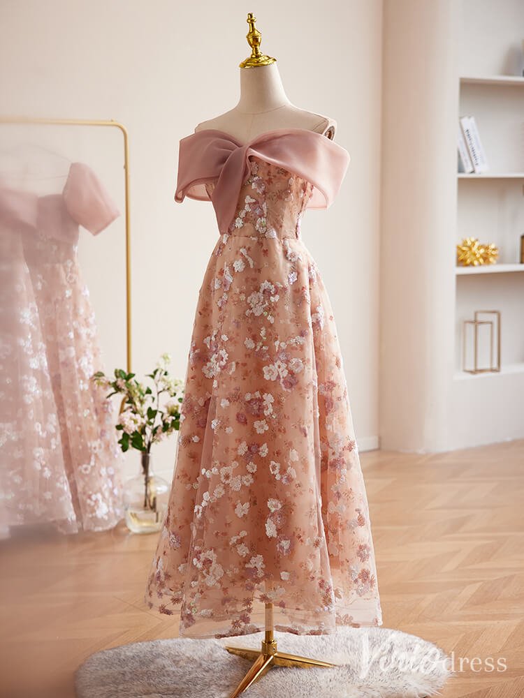 Pink Floral Sequin Lace Prom Dresses Off the Shoulder Maxi Dress 90073 - Viniodressprom dressesPinkCustom Size - Formal Dresses - Ball Gowns