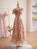 Pink Floral Sequin Lace Prom Dresses Off the Shoulder Maxi Dress 90073-prom dresses-Viniodress-Viniodress