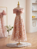 Pink Floral Sequin Lace Prom Dresses Off the Shoulder Maxi Dress 90073