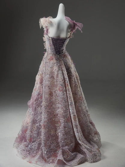 Pink Floral Sequin Lace Prom Dresses with Bow Straps, Spaghetti Straps & Corset Back - CQ0143-Couture Gown 2025 -Viniodress-Pink-Custom Size-