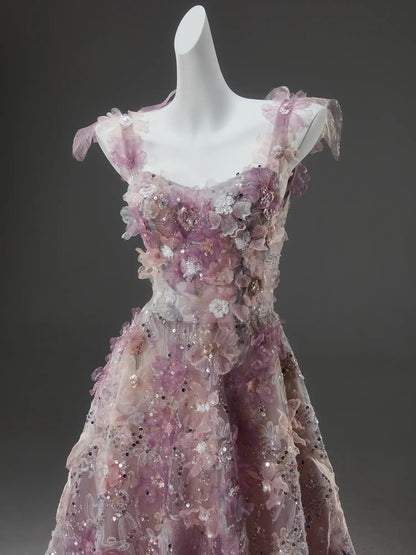 Pink Floral Sequin Lace Prom Dresses with Bow Straps, Spaghetti Straps & Corset Back - CQ0143-Couture Gown 2025 -Viniodress-Pink-Custom Size-