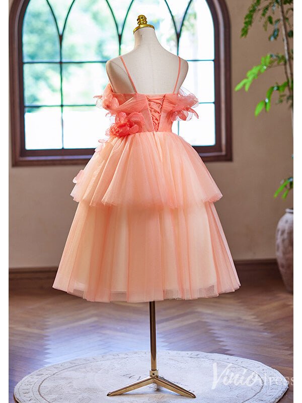 Pink Floral Tiered Homecoming Dress Spaghetti Strap Hoco 2024 Back to School Dress 8009 - Viniodressprom dressesPinkCustom Size - Formal Dresses - Ball Gowns