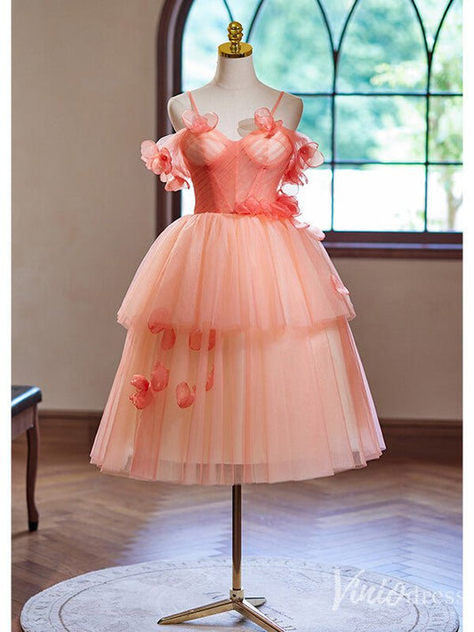 Pink Floral Tiered Homecoming Dress Spaghetti Strap Hoco 2024 Back to School Dress 8009 - Viniodressprom dressesPinkCustom Size - Formal Dresses - Ball Gowns