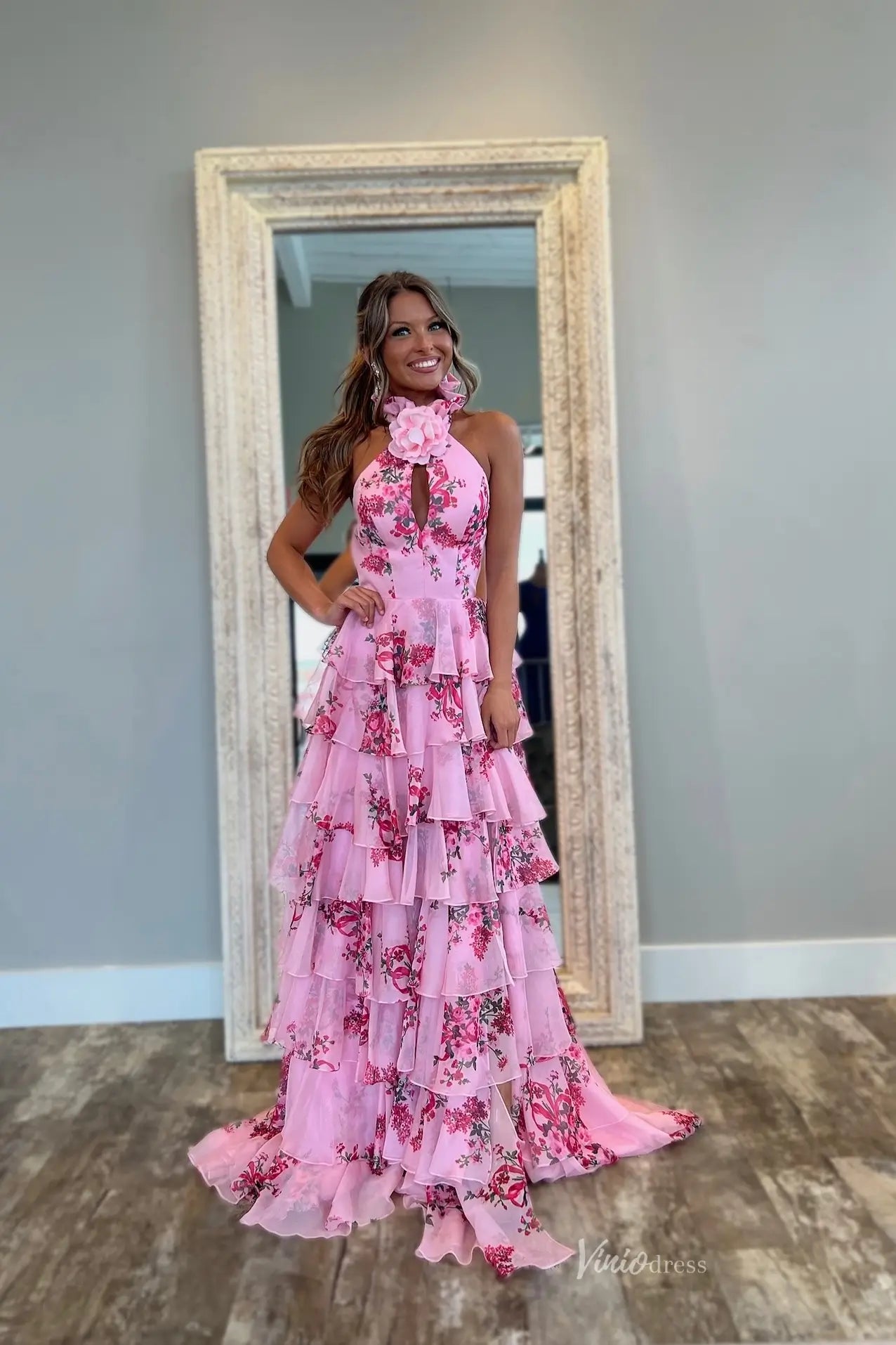Pink Floral Tulle Prom Dresses 2025 Tiered Halter Neck Formal Gown with Slit - RF066-prom dresses 2026-Viniodress-Pink-Custom Size-