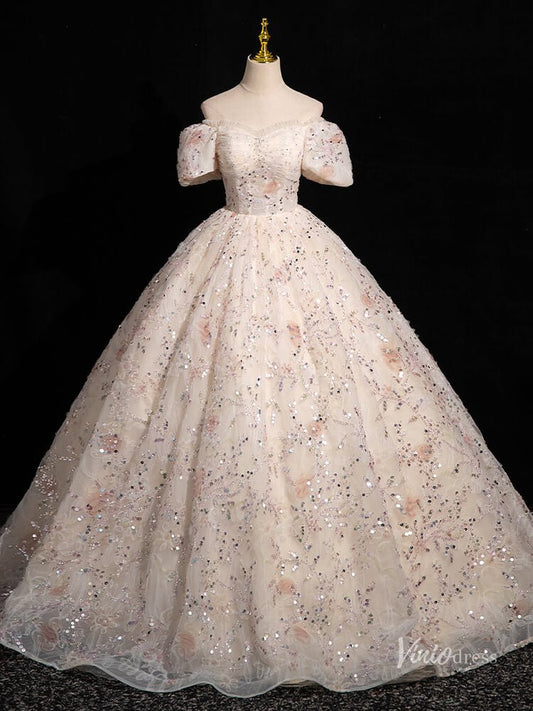 Pink Flroal Lace Prom Dresses Puffed Sleeve Quinceanera Dresses Off the Shoulder BG051-prom dresses 2025 -Viniodress-Blush Pink-Custom Size-