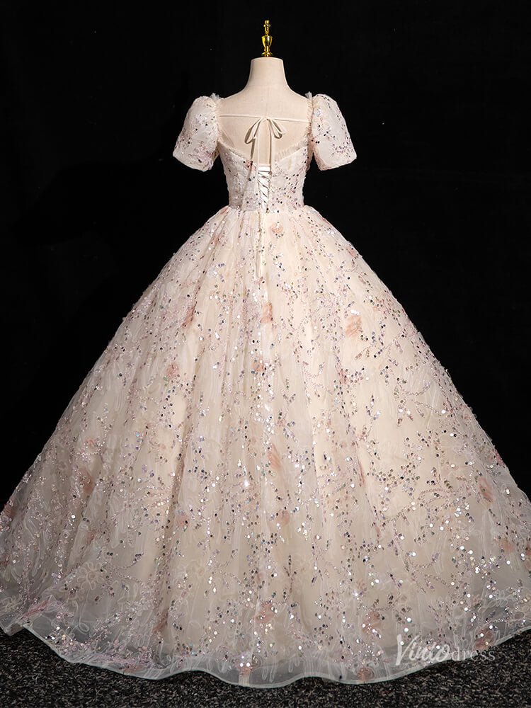 Pink Flroal Lace Prom Dresses Puffed Sleeve Quinceanera Dresses Off the Shoulder BG051-prom dresses 2025 -Viniodress-Blush Pink-Custom Size-