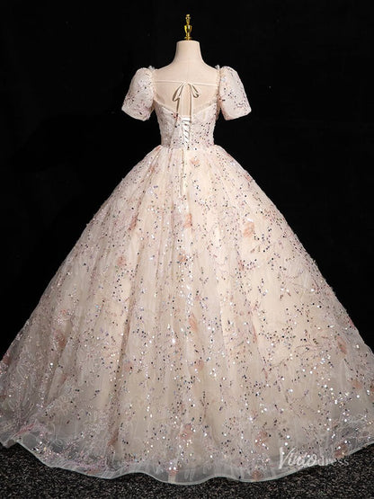 Pink Flroal Lace Prom Dresses Puffed Sleeve Quinceanera Dresses Off the Shoulder BG051-prom dresses 2025 -Viniodress-Blush Pink-Custom Size-