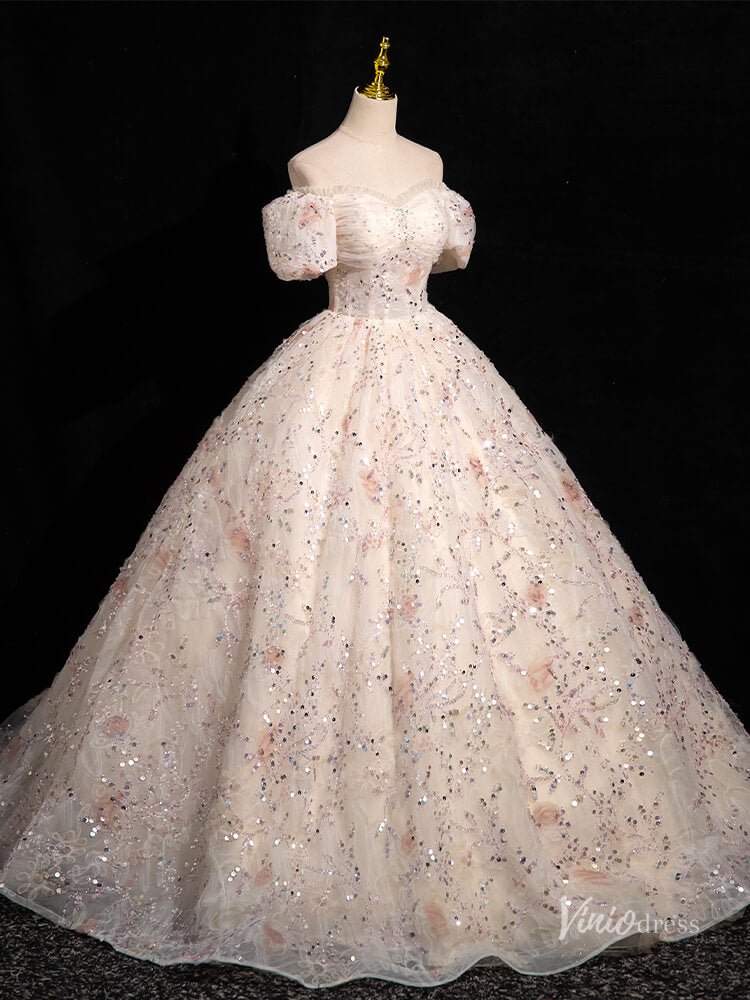 Pink Flroal Lace Prom Dresses Puffed Sleeve Quinceanera Dresses Off the Shoulder BG051-prom dresses 2025 -Viniodress-Blush Pink-Custom Size-