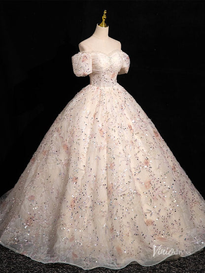 Pink Flroal Lace Prom Dresses Puffed Sleeve Quinceanera Dresses Off the Shoulder BG051-prom dresses 2025 -Viniodress-Blush Pink-Custom Size-