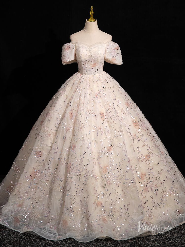 Pink Flroal Lace Prom Dresses Puffed Sleeve Quinceanera Dresses Off the Shoulder BG051-prom dresses 2025 -Viniodress-Blush Pink-Custom Size-