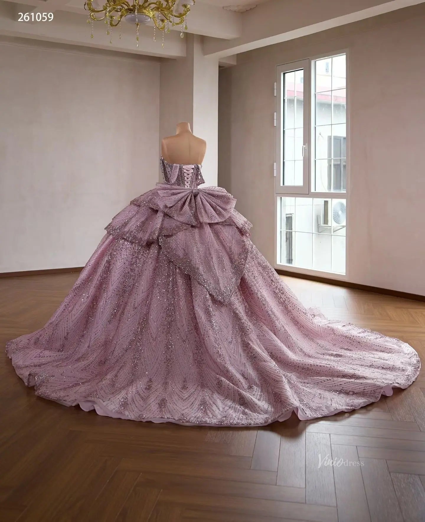 strapless open back dress Pink Glitter Chevron Quinceañera Dress with Beaded Corset – Viniodress