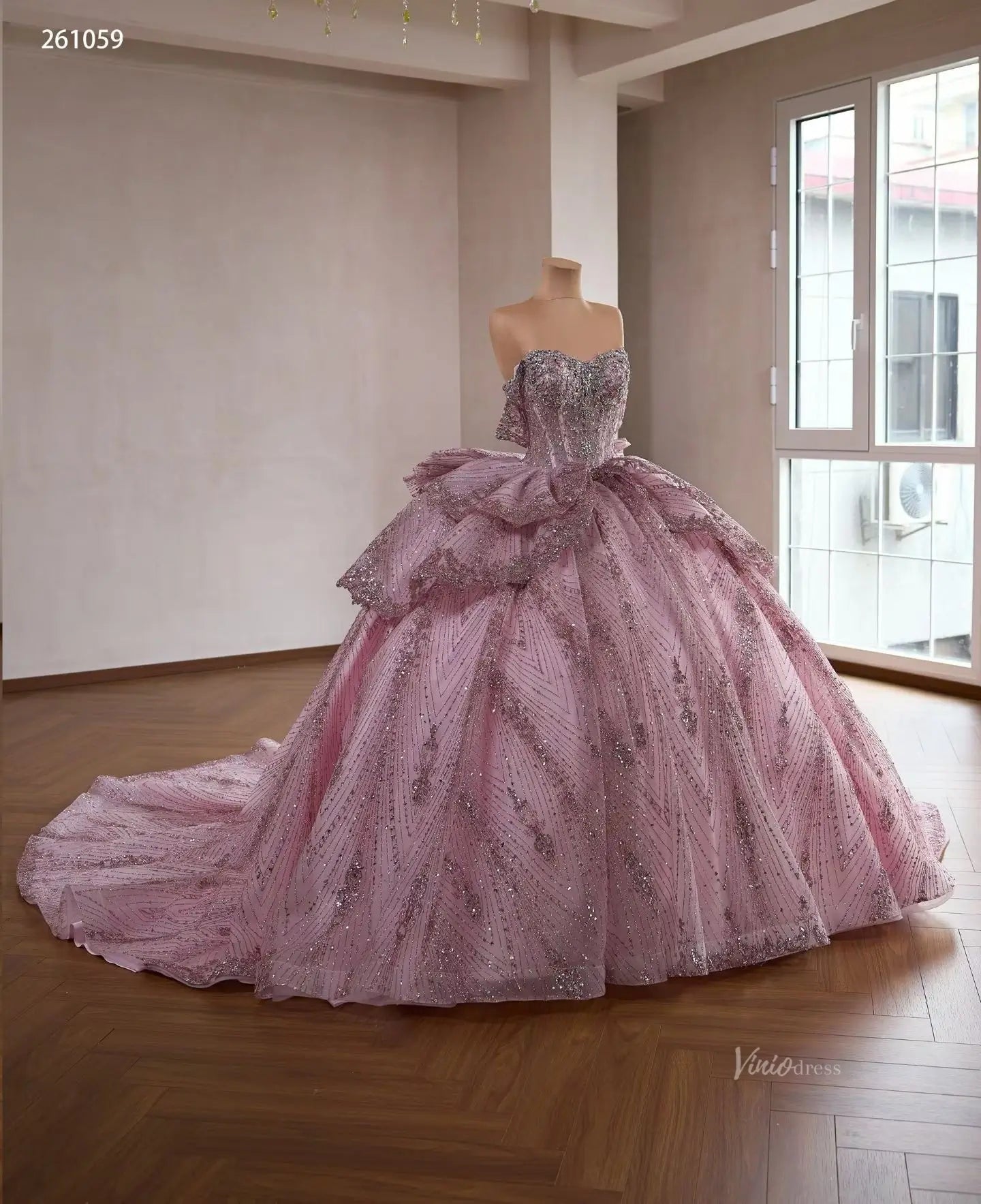 Pink Glitter Chevron Quinceañera Dress with Beaded Corset – Viniodress