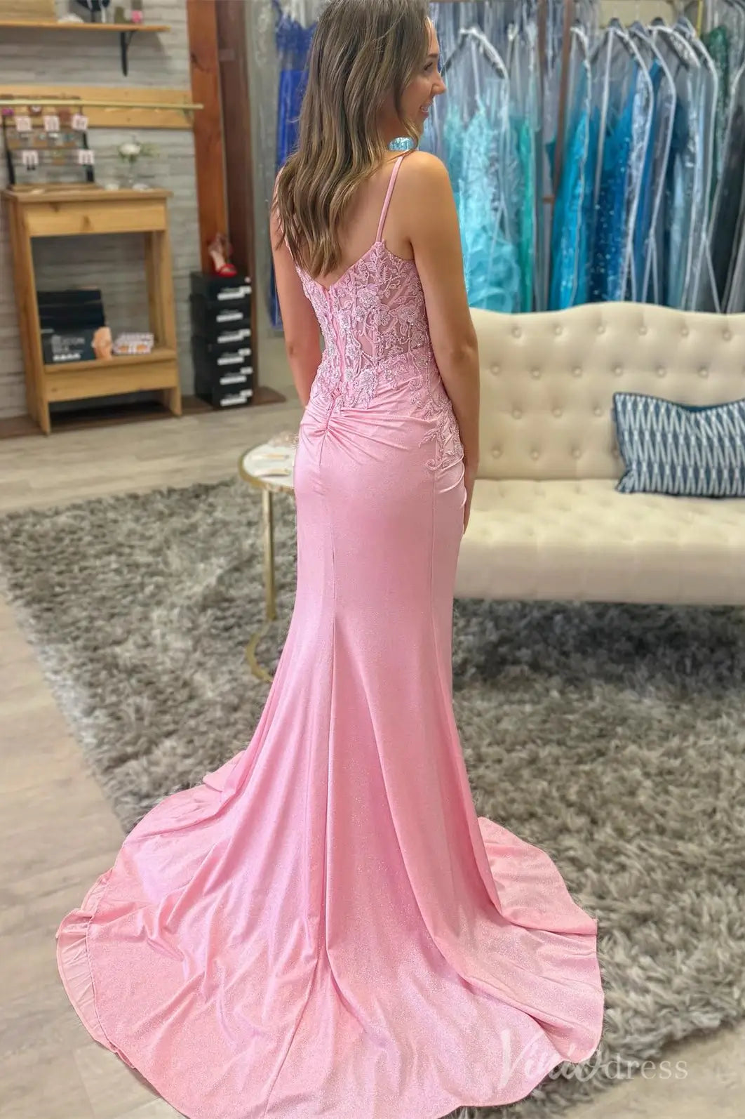 Pink Glitter Lace Mermaid Prom Dress with Slit, Spaghetti Strap, Sheer Corset Bodice – SS060-prom dresses 2025 -Viniodress-Pink-Custom Size-