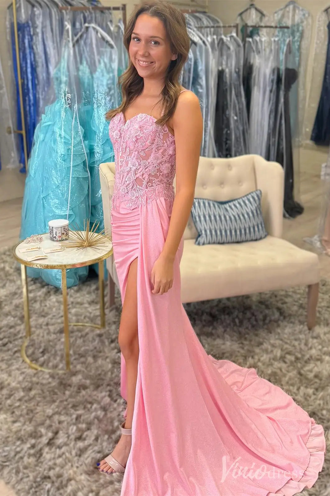 Pink Glitter Lace Mermaid Prom Dress with Slit and Corset SS060 Viniodress Pink Glitter Lace Mermaid Prom Dress with Slit and Corset SS060 Viniodress