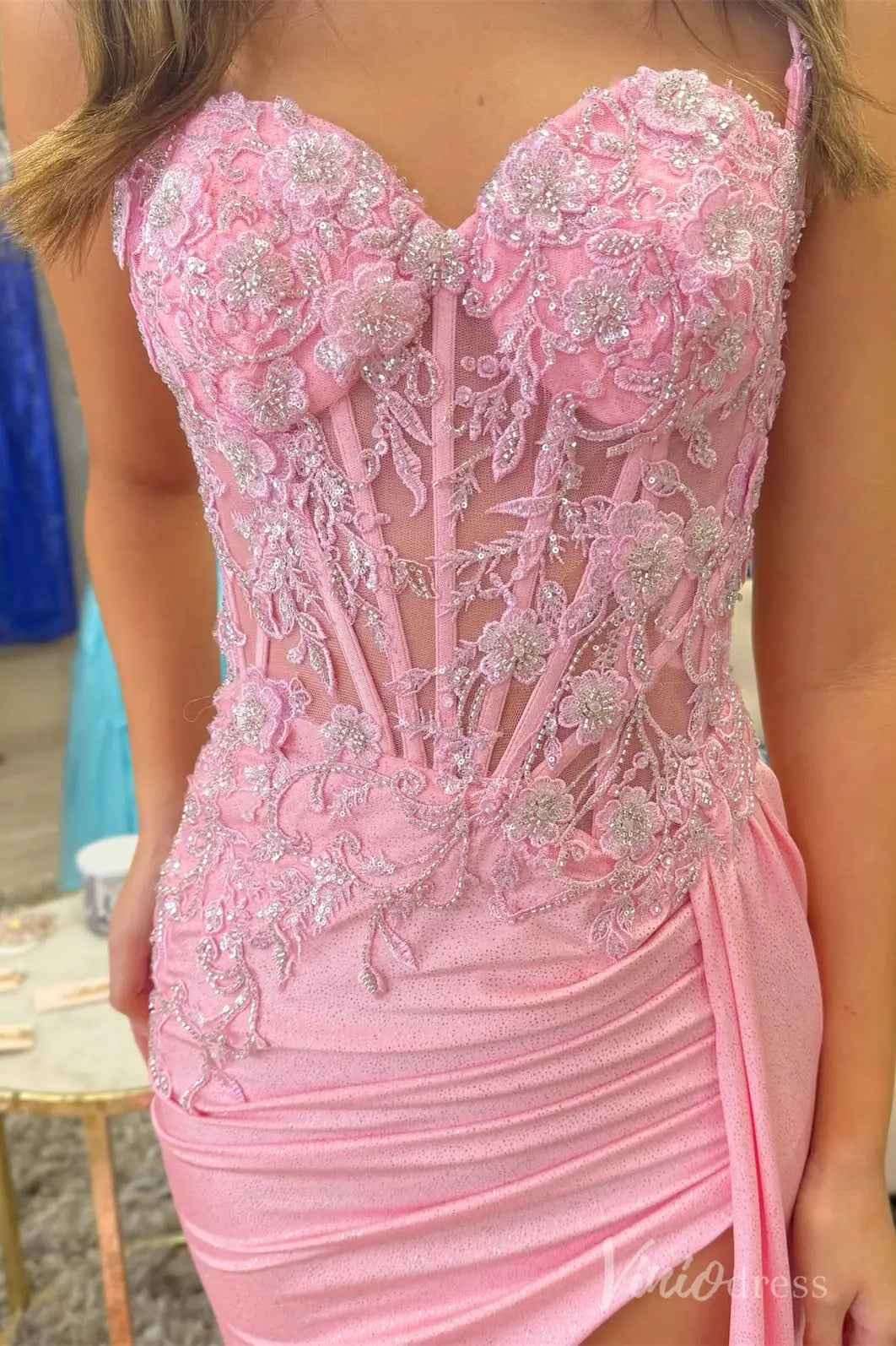 Pink Glitter Lace Mermaid Prom Dress with Slit, Spaghetti Strap, Sheer Corset Bodice – SS060-prom dresses 2025 -Viniodress-Pink-Custom Size-