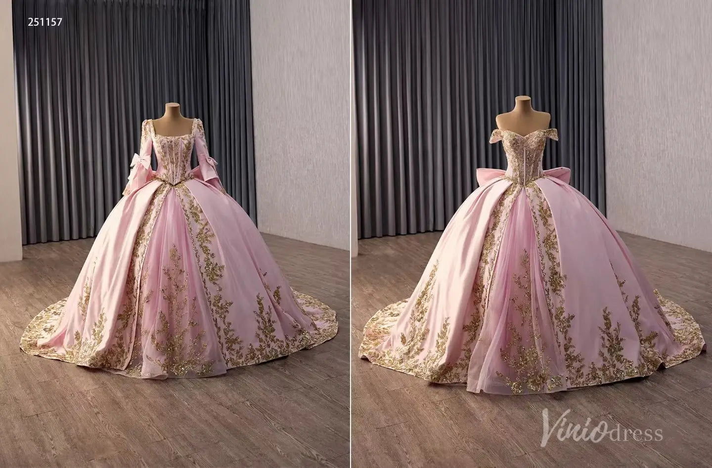 Pink Gold Appliqué Quinceañera Ball Gown with Corset Bodice & Oversized Bow – 251157-Quinceanera Dresses 2026-Viniodress-Pink-Custom Size – Add Measurements in Cart-Long Sleeves