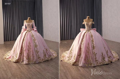 Pink Gold Appliqué Quinceañera Ball Gown with Corset Bodice & Oversized Bow – 251157-Quinceanera Dresses 2026-Viniodress-Pink-Custom Size – Add Measurements in Cart-Long Sleeves