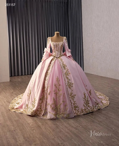 Pink Gold Appliqué Quinceañera Ball Gown with Corset Bodice & Oversized Bow – 251157-Quinceanera Dresses 2026-Viniodress-Pink-Custom Size – Add Measurements in Cart-Long Sleeves