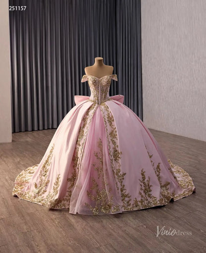 Pink Gold Appliqué Quinceañera Ball Gown with Corset Bodice & Oversized Bow – 251157-Quinceanera Dresses 2026-Viniodress-Pink-Custom Size – Add Measurements in Cart-Long Sleeves