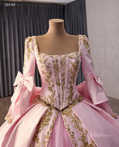 Pink Gold Appliqué Quinceañera Ball Gown with Corset Bodice & Oversized Bow – 251157-Quinceanera Dresses 2026-Viniodress-Pink-Custom Size – Add Measurements in Cart-Long Sleeves