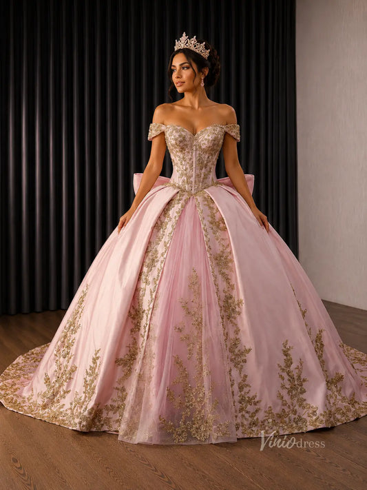 Pink Gold Appliqué Quinceañera Ball Gown with Corset Bodice & Oversized Bow – 251157-Quinceanera Dresses 2026-Viniodress-Pink-Custom Size – Add Measurements in Cart-Long Sleeves