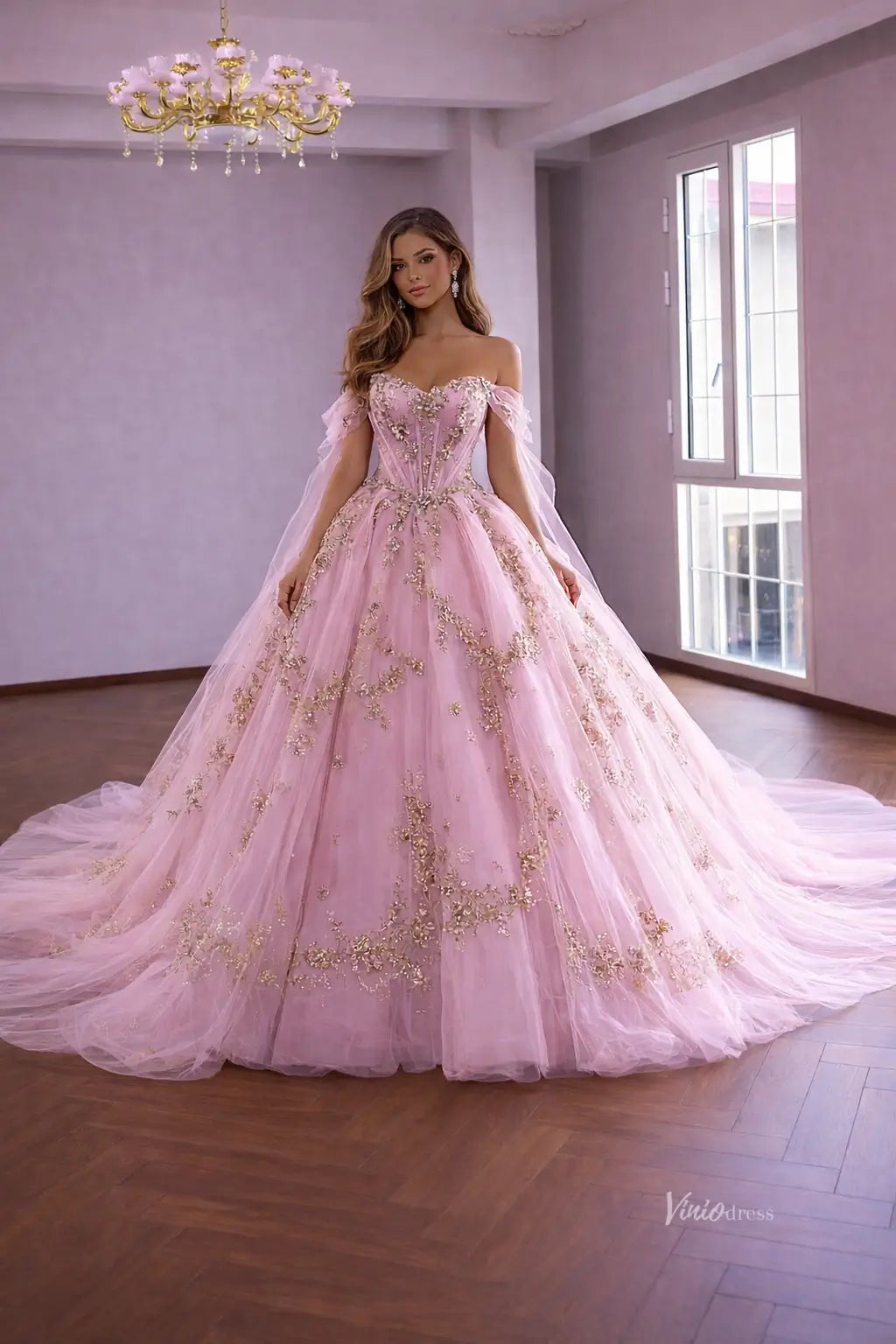 Pink Gold Appliqué Quinceañera Dress with Sweetheart Corset Bodice, Bow Back & Train – 261017-Quinceanera Dresses 2026-Viniodress-Pink-Custom Size – Add Measurements in Cart-