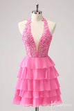 Pink Halter Neck Ruffled Homecoming Dresses Lace Applique Back to School Dress S24055-prom dresses-Viniodress-Pink-Custom Size-Viniodress