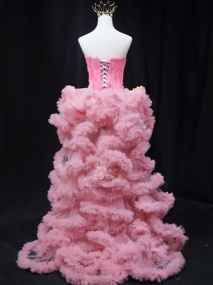 Pink High Low Prom Dresses with Feather Bodice, Ruffle Bottom, Pageant Dresses SU070-prom dresses 2025 -Viniodress-Pink-Custom Size-