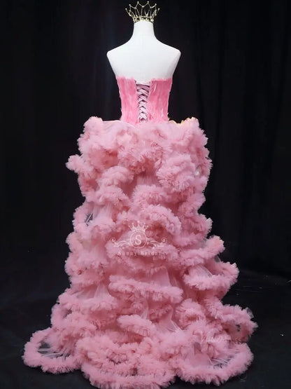 Pink High Low Prom Dresses with Feather Bodice, Ruffle Bottom, Pageant Dresses SU070-prom dresses 2025 -Viniodress-Pink-Custom Size-