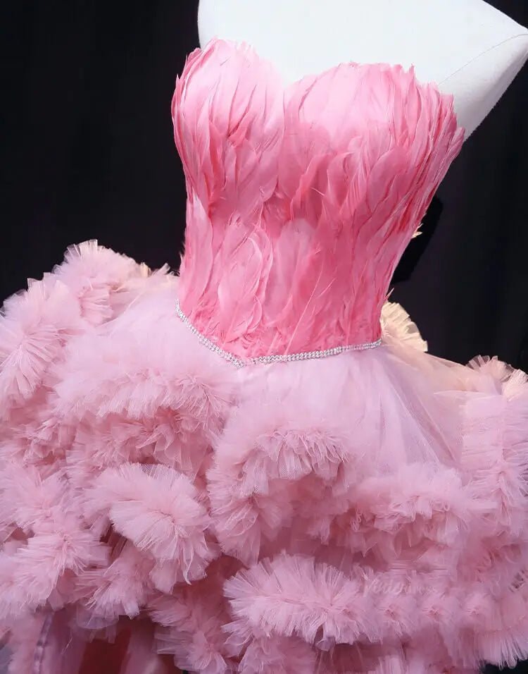 Pink High Low Prom Dresses with Feather Bodice, Ruffle Bottom, Pageant Dresses SU070 - Viniodressprom dressesPinkCustom Size - Formal Dresses - Ball Gowns