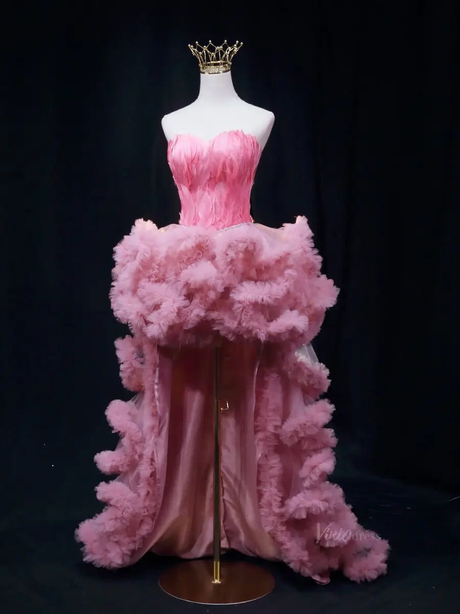 Pink High Low Prom Dresses with Feather Bodice, Ruffle Bottom, Pageant Dresses SU070 - Viniodressprom dressesPinkCustom Size - Formal Dresses - Ball Gowns