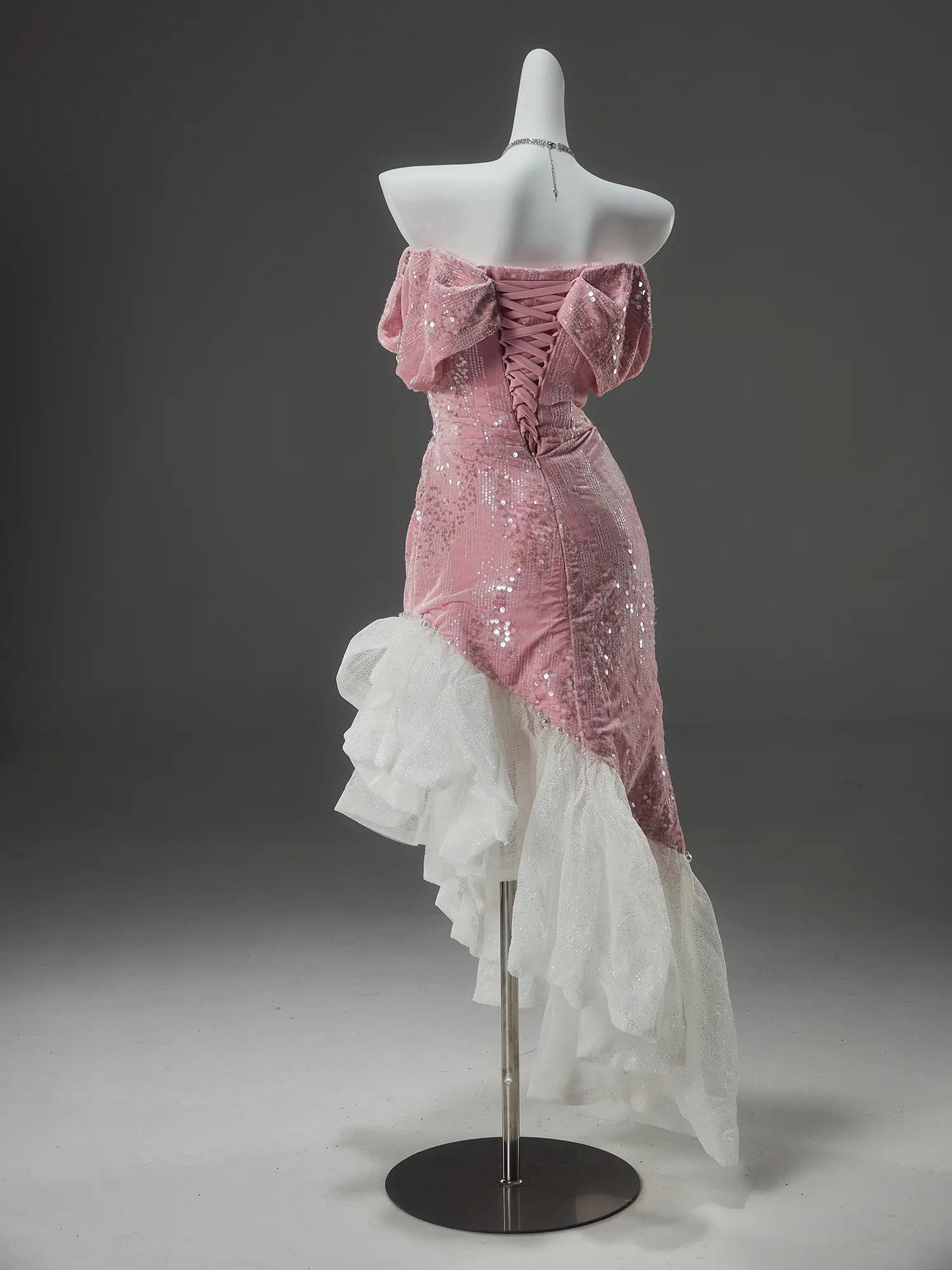 Pink High-Low Prom Dresses with Sequin Velvet Bodice & Sparkly Organza Bottom - CQ0146-Couture Gown 2025 -Viniodress-Pink-Custom Size-