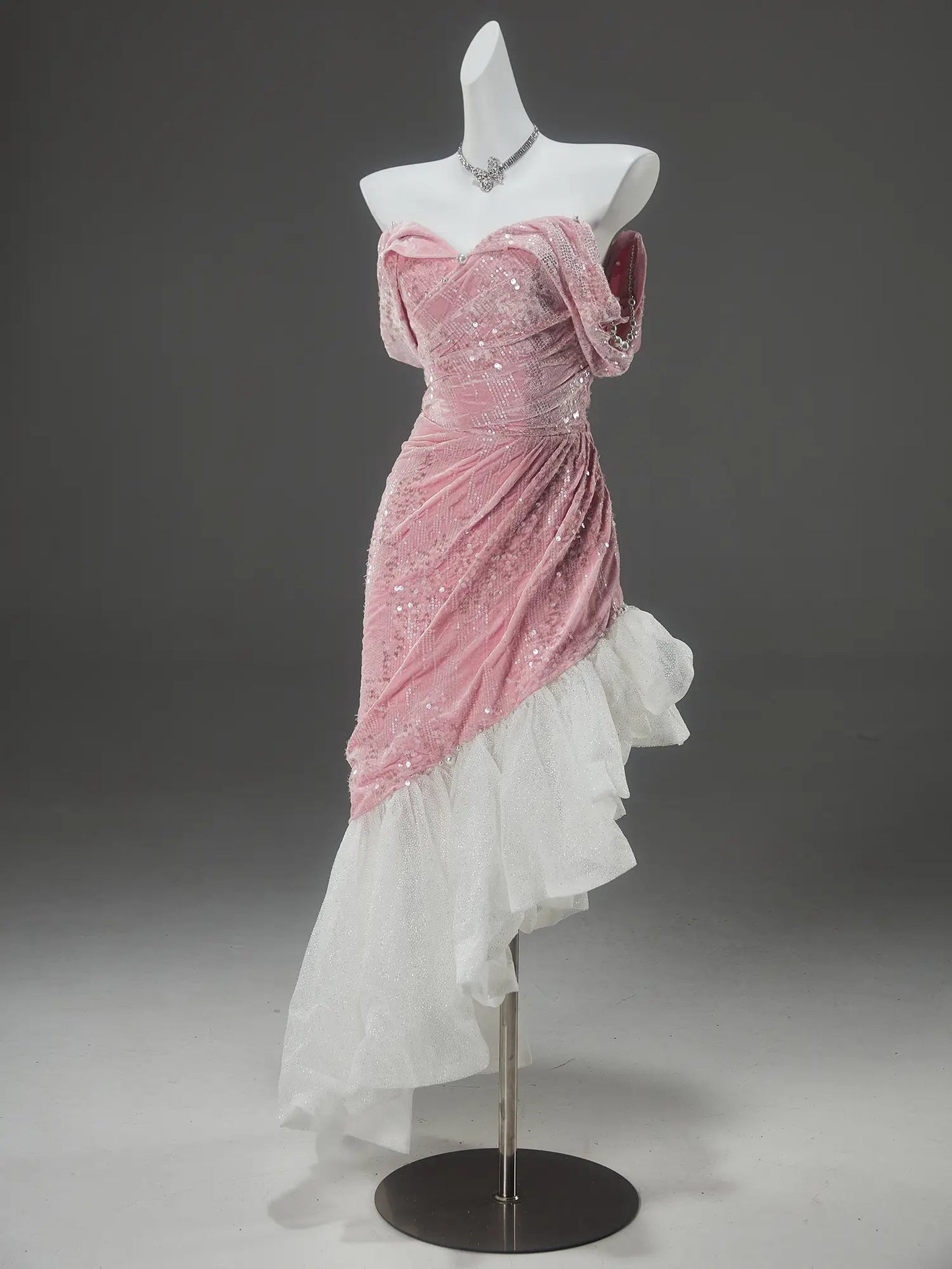 Pink High-Low Prom Dresses with Sequin Velvet Bodice & Sparkly Organza Bottom - CQ0146-Couture Gown 2025 -Viniodress-Pink-Custom Size-