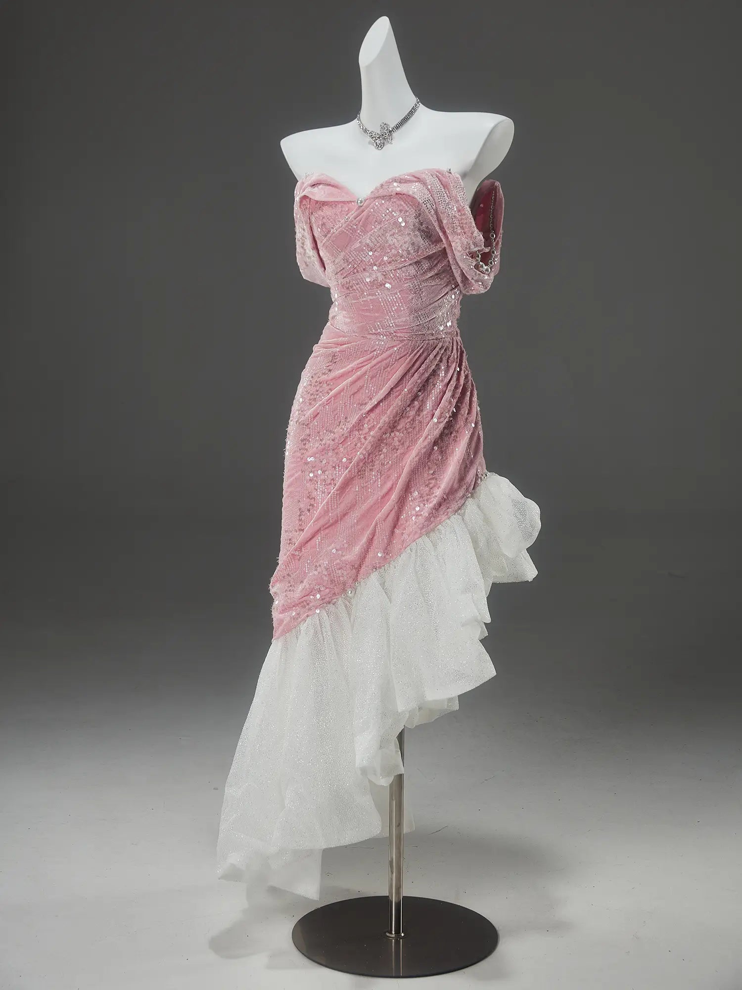 Pink High-Low Prom Dresses with Sequin Velvet Bodice & Sparkly Organza Bottom - CQ0146-Couture Gown 2025 -Viniodress-Pink-Custom Size-