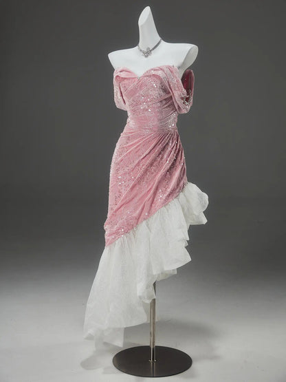 Pink High-Low Prom Dresses with Sequin Velvet Bodice & Sparkly Organza Bottom - CQ0146-Couture Gown 2025 -Viniodress-Pink-Custom Size-