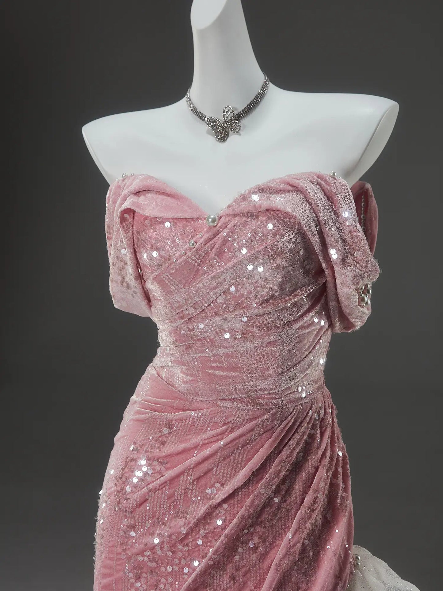 Pink High-Low Prom Dresses with Sequin Velvet Bodice & Sparkly Organza Bottom - CQ0146-Couture Gown 2025 -Viniodress-Pink-Custom Size-