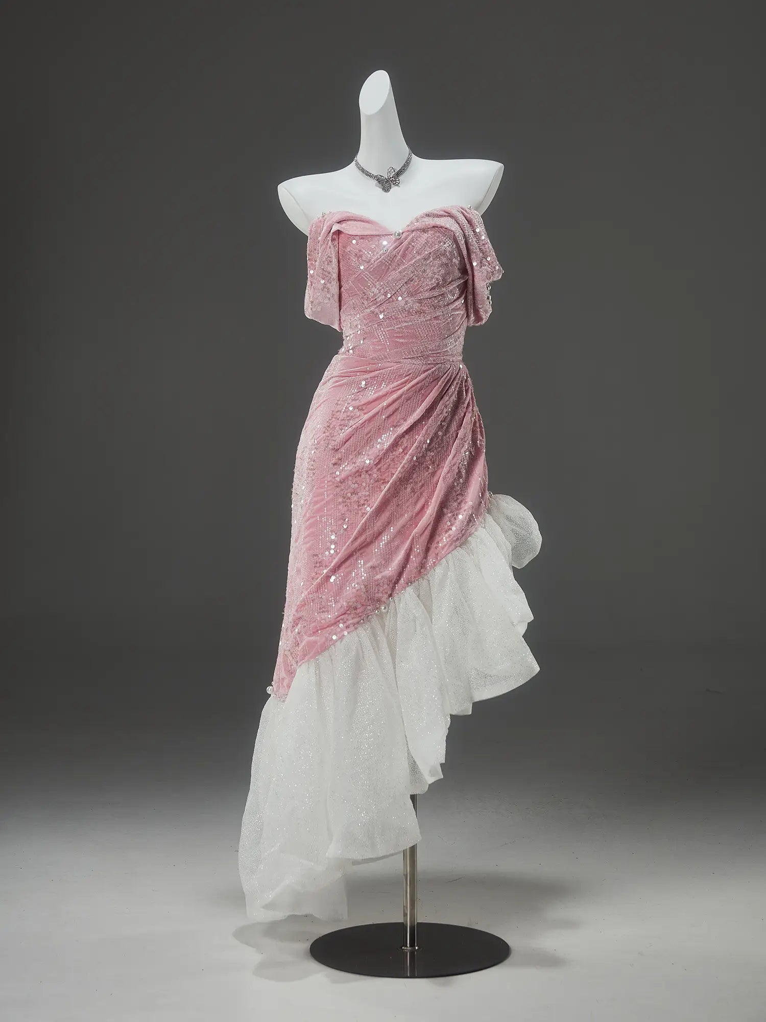 Pink High-Low Prom Dresses with Sequin Velvet Bodice & Sparkly Organza Bottom - CQ0146-Couture Gown 2025 -Viniodress-Pink-Custom Size-