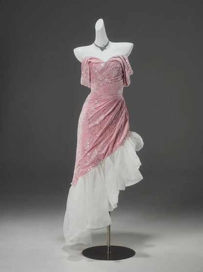 Pink High-Low Prom Dresses with Sequin Velvet Bodice & Sparkly Organza Bottom - CQ0146-Couture Gown 2025 -Viniodress-Pink-Custom Size-