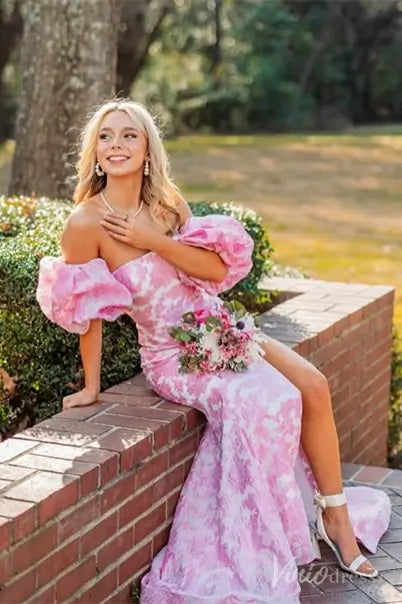 Pink Jacquard Off-Shoulder Prom Dress with Puffy Sleeves, High Slit Skirt – SS076-prom dresses 2025 -Viniodress-Pink-Custom Size-