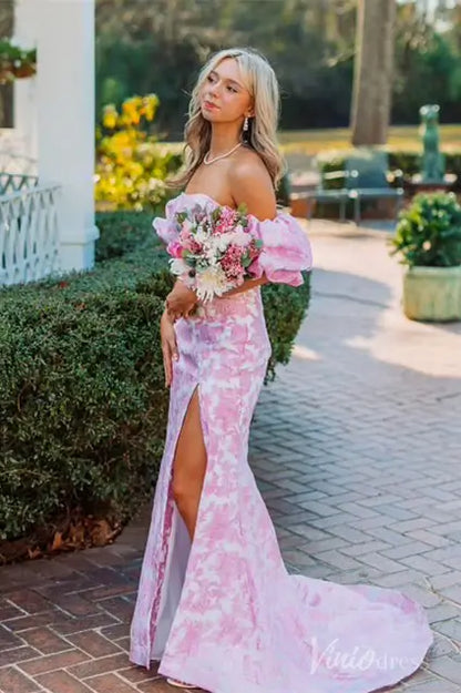 Pink Jacquard Off-Shoulder Prom Dress with Puffy Sleeves, High Slit Skirt – SS076-prom dresses 2025 -Viniodress-Pink-Custom Size-