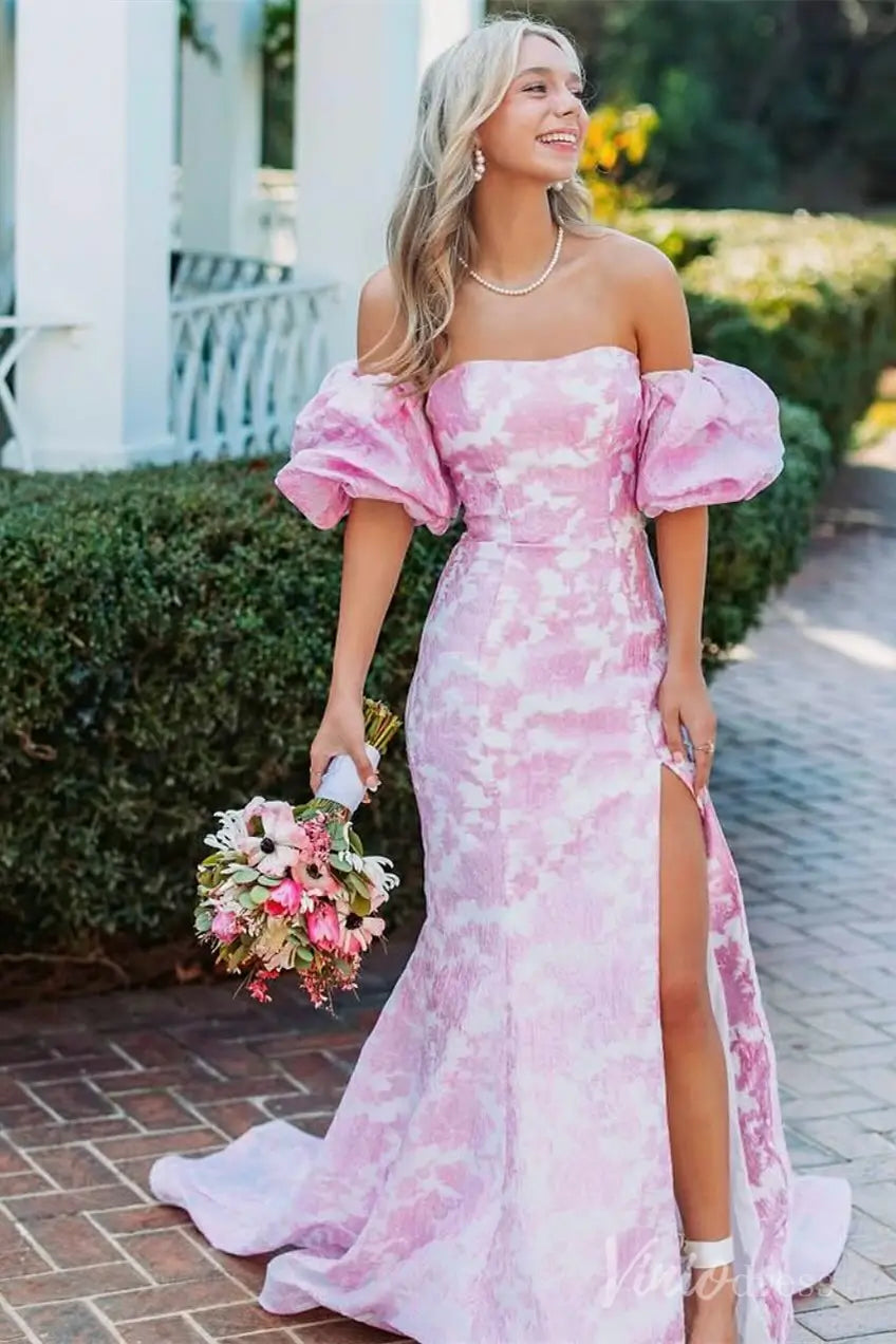 Pink Jacquard Off-Shoulder Prom Dress with Puffy Sleeves, High Slit Skirt – SS076-prom dresses 2025 -Viniodress-Pink-Custom Size-