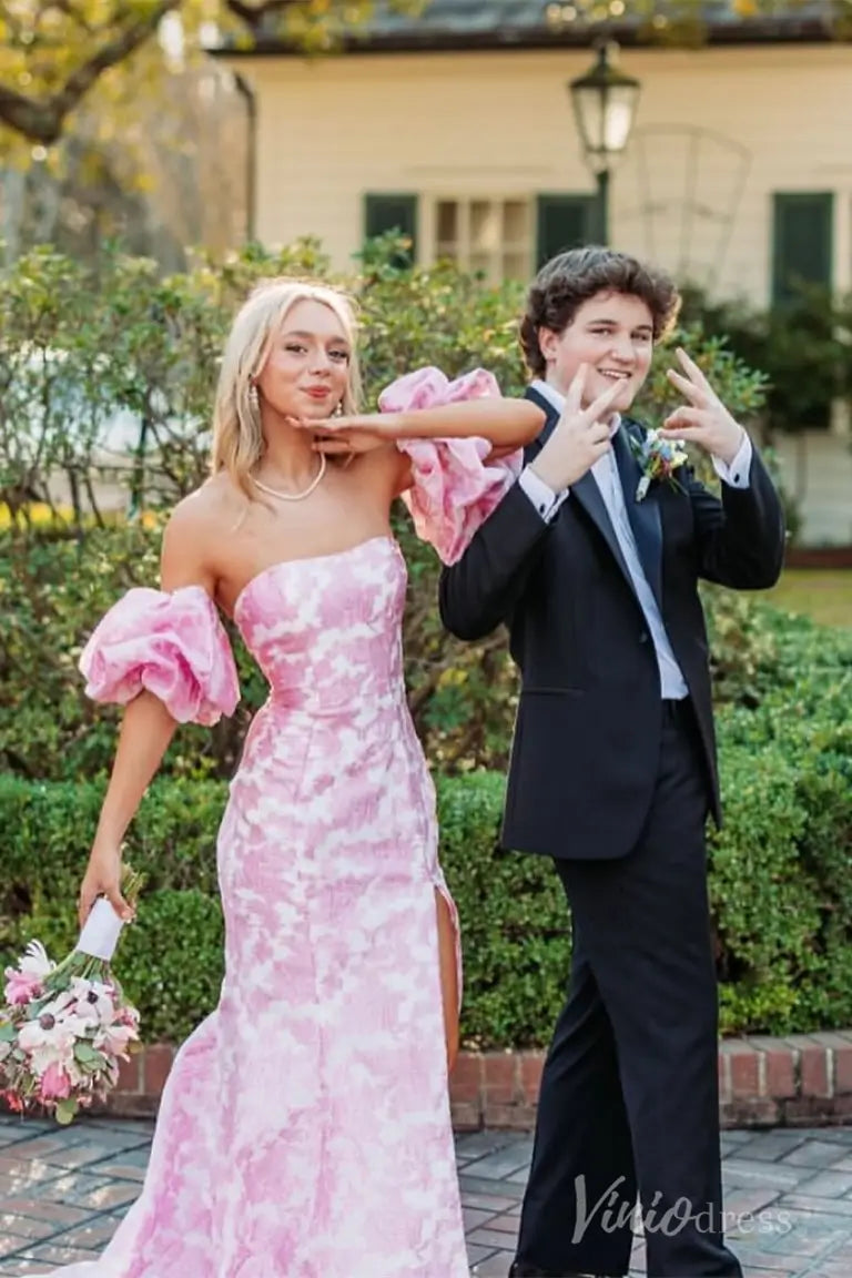 Pink Jacquard Off-Shoulder Prom Dress with Puffy Sleeves, High Slit Skirt – SS076-prom dresses 2025 -Viniodress-Pink-Custom Size-