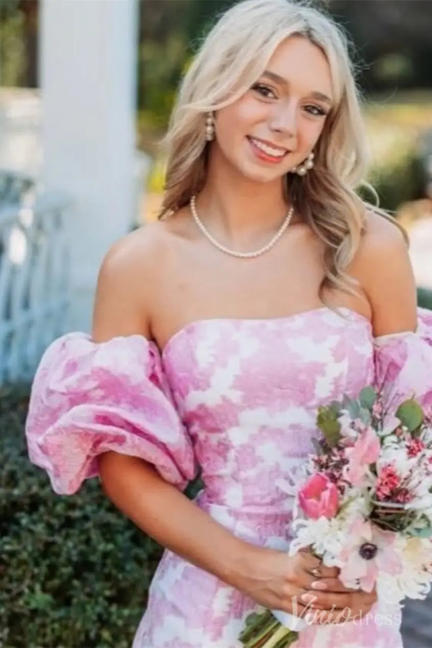 Pink Jacquard Off-Shoulder Prom Dress with Puffy Sleeves, High Slit Skirt – SS076-prom dresses 2025 -Viniodress-Pink-Custom Size-