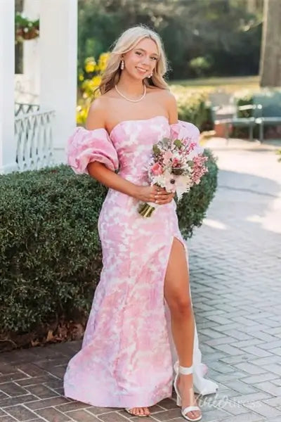 Pink Jacquard Off-Shoulder Prom Dress with Puffy Sleeves, High Slit Skirt – SS076-prom dresses 2025 -Viniodress-Pink-Custom Size-