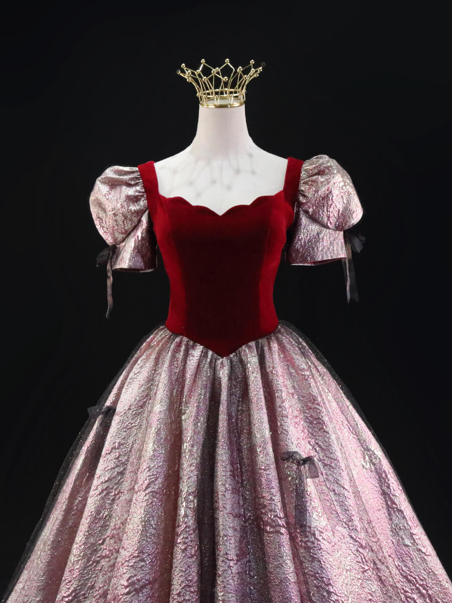 Pink Jacquard Prom Dresses with Puffed Sleeve, Red Velvet Bodice, Quinceanera Dresses SU024-prom dresses 2025 -Viniodress-Pink-Custom Size-