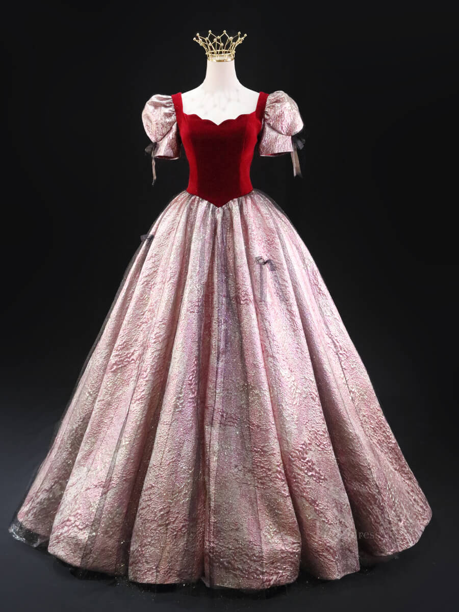 Pink Jacquard Prom Dresses with Puffed Sleeve, Red Velvet Bodice, Quinceanera Dresses SU024-prom dresses 2025 -Viniodress-Pink-Custom Size-