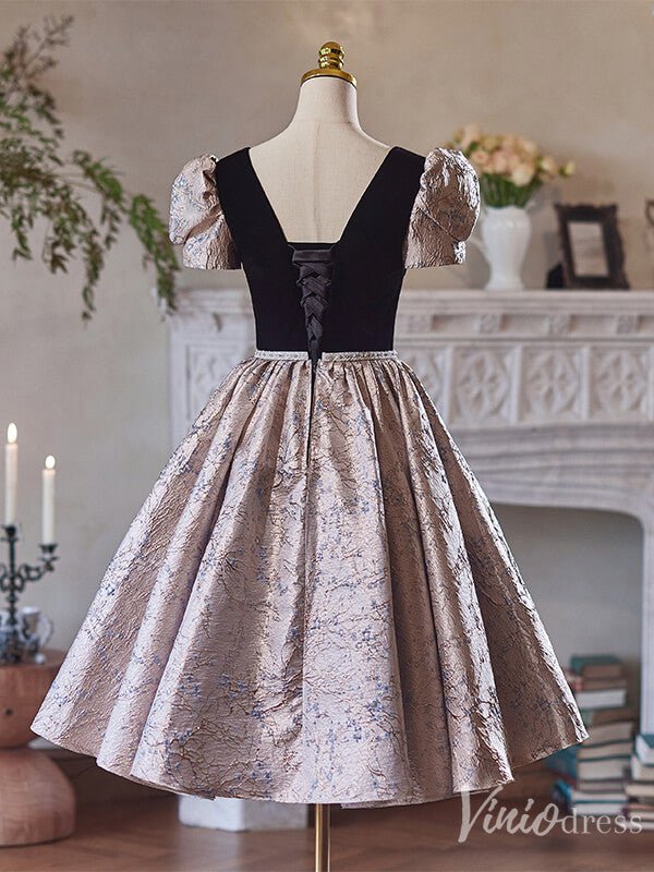 Pink Jacquard Satin Hoco 2024 Puffed Sleeve Back to School Dress 8004-prom dresses 2025 -Viniodress-Pink-Custom Size-