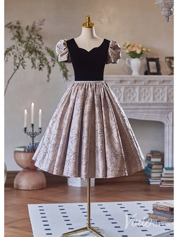 Pink Jacquard Satin Hoco 2024 Puffed Sleeve Back to School Dress 8004-prom dresses 2025 -Viniodress-Pink-Custom Size-