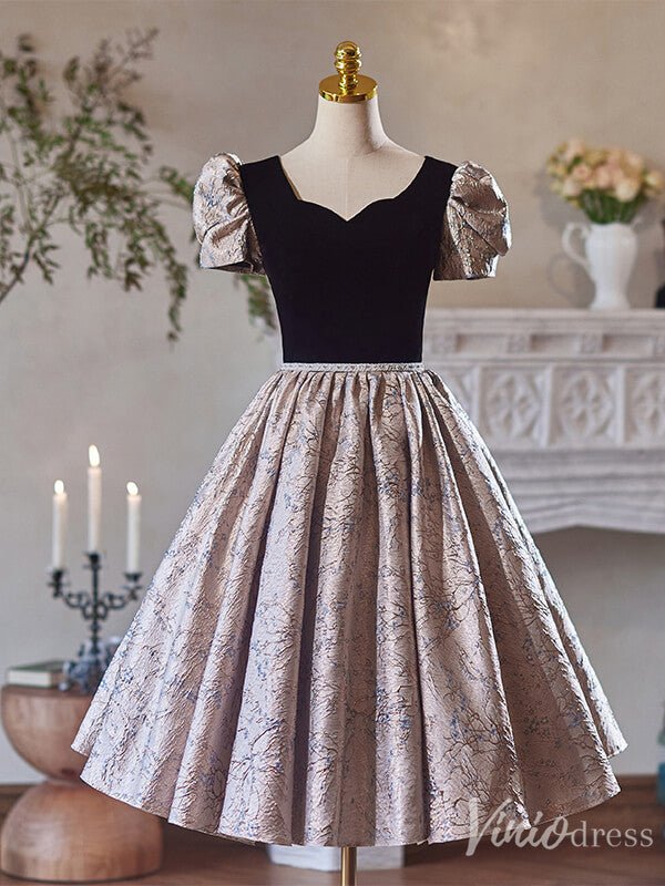 Pink Jacquard Satin Hoco 2024 Puffed Sleeve Back to School Dress 8004-prom dresses 2025 -Viniodress-Pink-Custom Size-