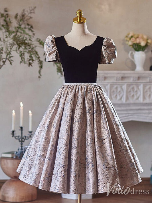 Pink Jacquard Satin Hoco 2024 Puffed Sleeve Back to School Dress 8004-prom dresses 2025 -Viniodress-Pink-Custom Size-